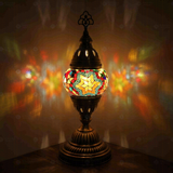 Multicolor Turkish mosaic table lamp illuminated, showing colorful light projection (ENV MUN1042)