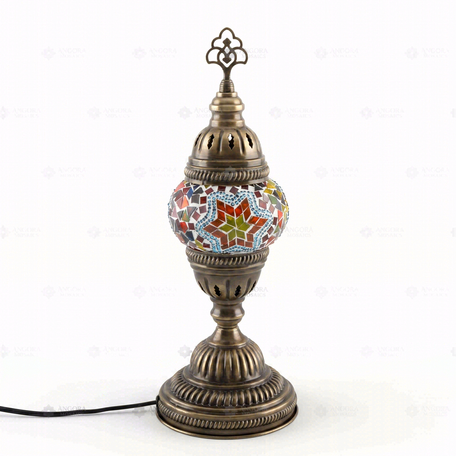 Full view of handmade Multicolor multicolor jewel Turkish mosaic table lamp on white background (ENV MUN1042)
