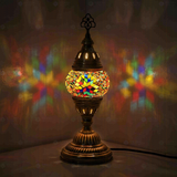 Multicolor Turkish mosaic table lamp illuminated, showing colorful light projection (ENV MUN1061)