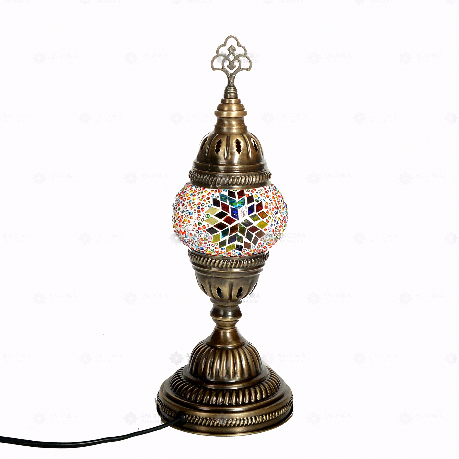 Full view of handmade Multicolor multicolor jewel Turkish mosaic table lamp on white background (ENV MUN1061)