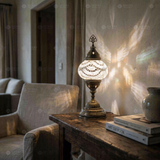 White white glow Turkish mosaic table lamp in styled room — handmade Moroccan table lamp (ENV MUN2001)