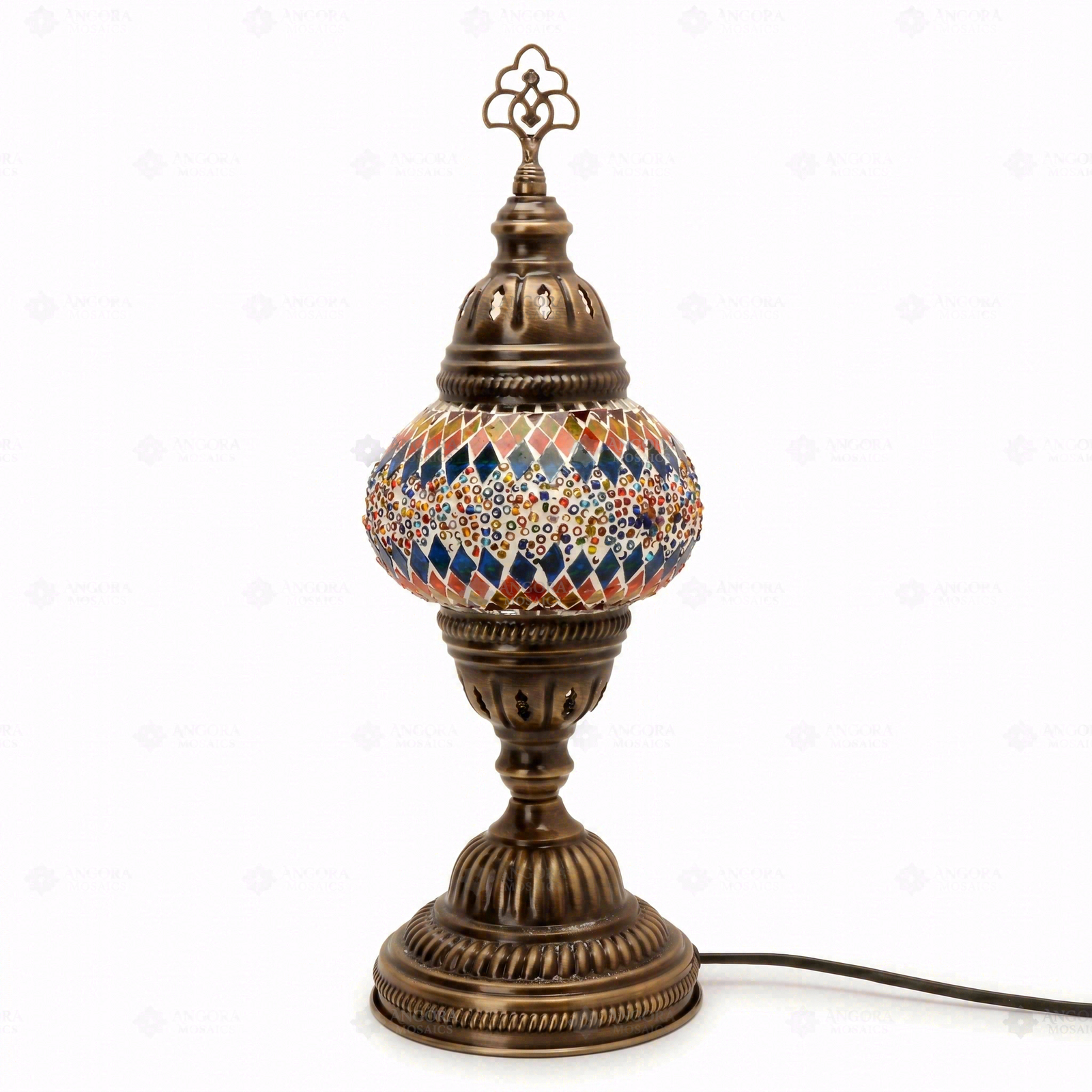 Full view of handmade Multicolor multicolor jewel Turkish mosaic table lamp on white background (ENV MUN2003)