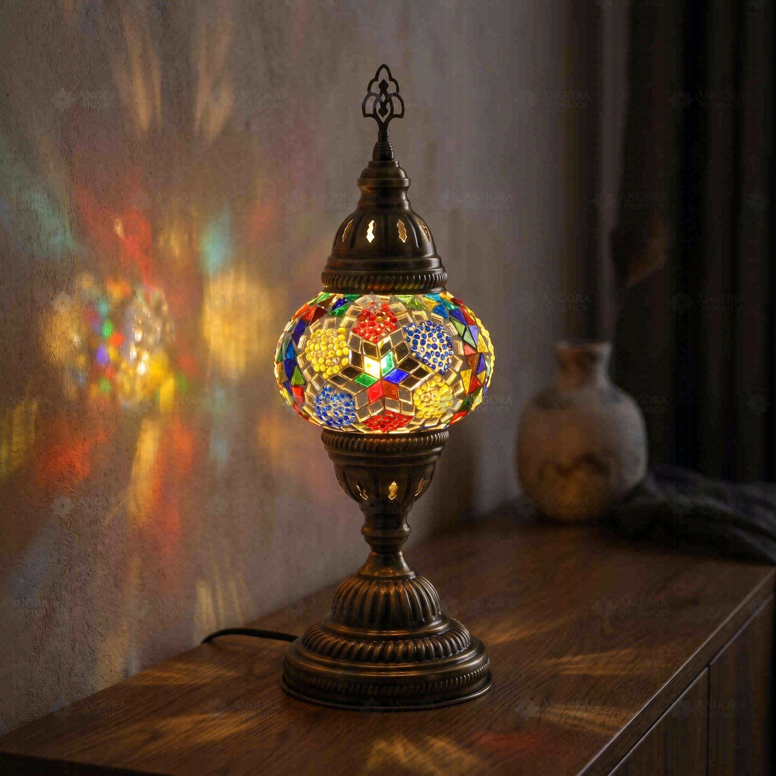 Multicolor multicolor jewel Turkish mosaic table lamp in styled room — handmade Moroccan table lamp (ENV MUN2008)