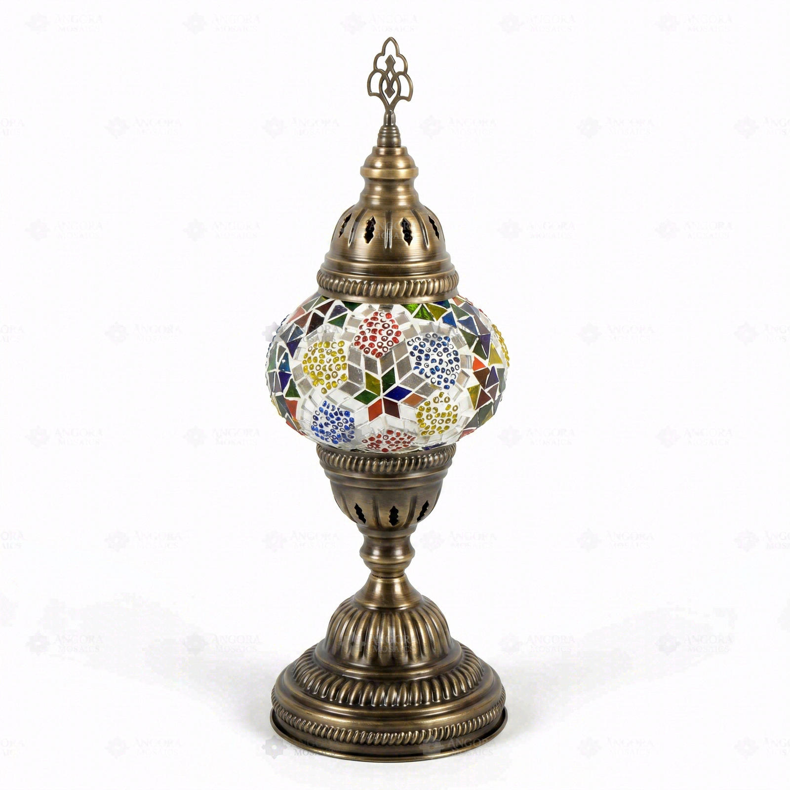 Full view of handmade Multicolor multicolor jewel Turkish mosaic table lamp on white background (ENV MUN2008)