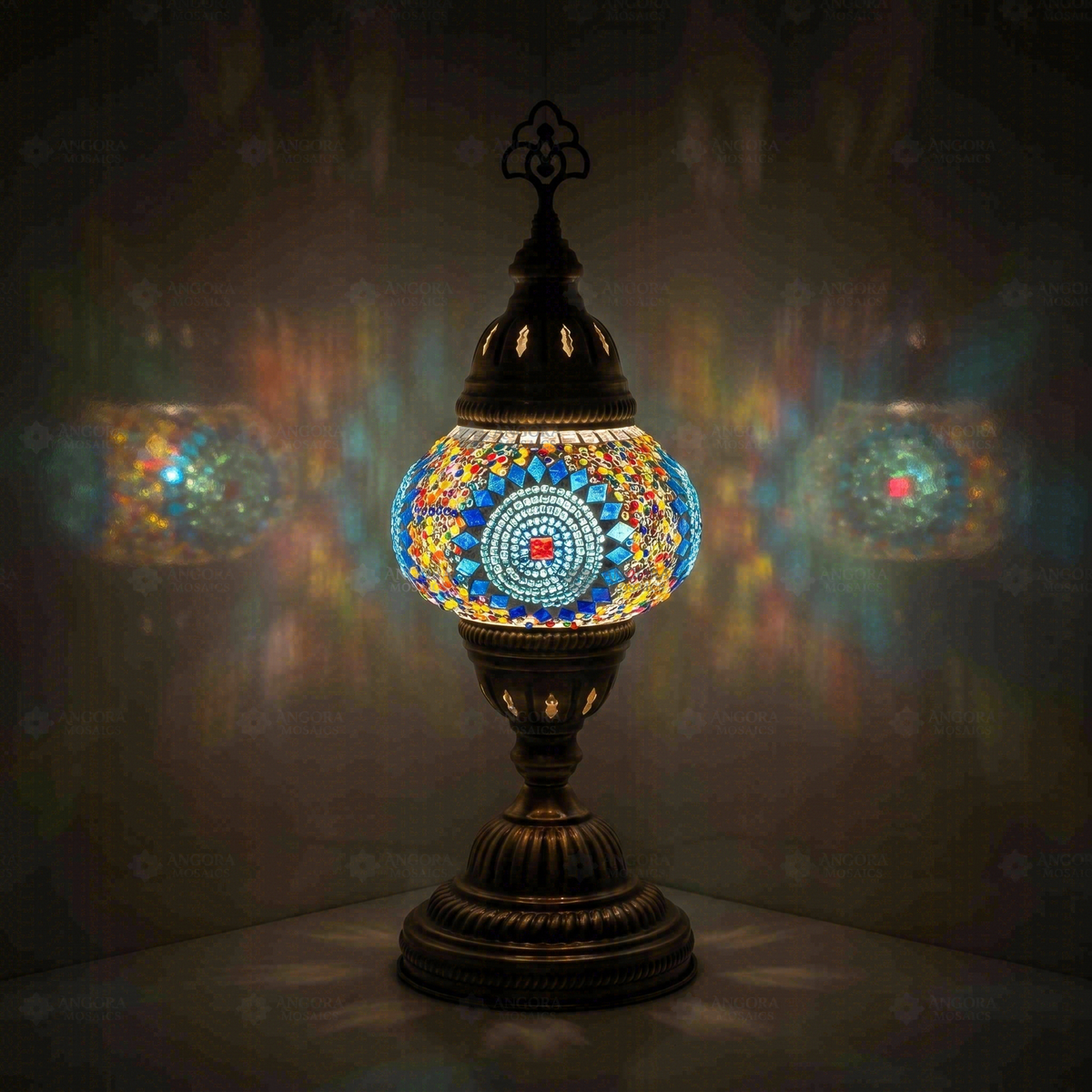 Blue Classic Table Lamp, switched on, glowing in a dark room