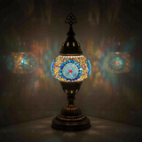 Blue Turkish mosaic table lamp illuminated, showing colorful light projection (ENV MUN2010)