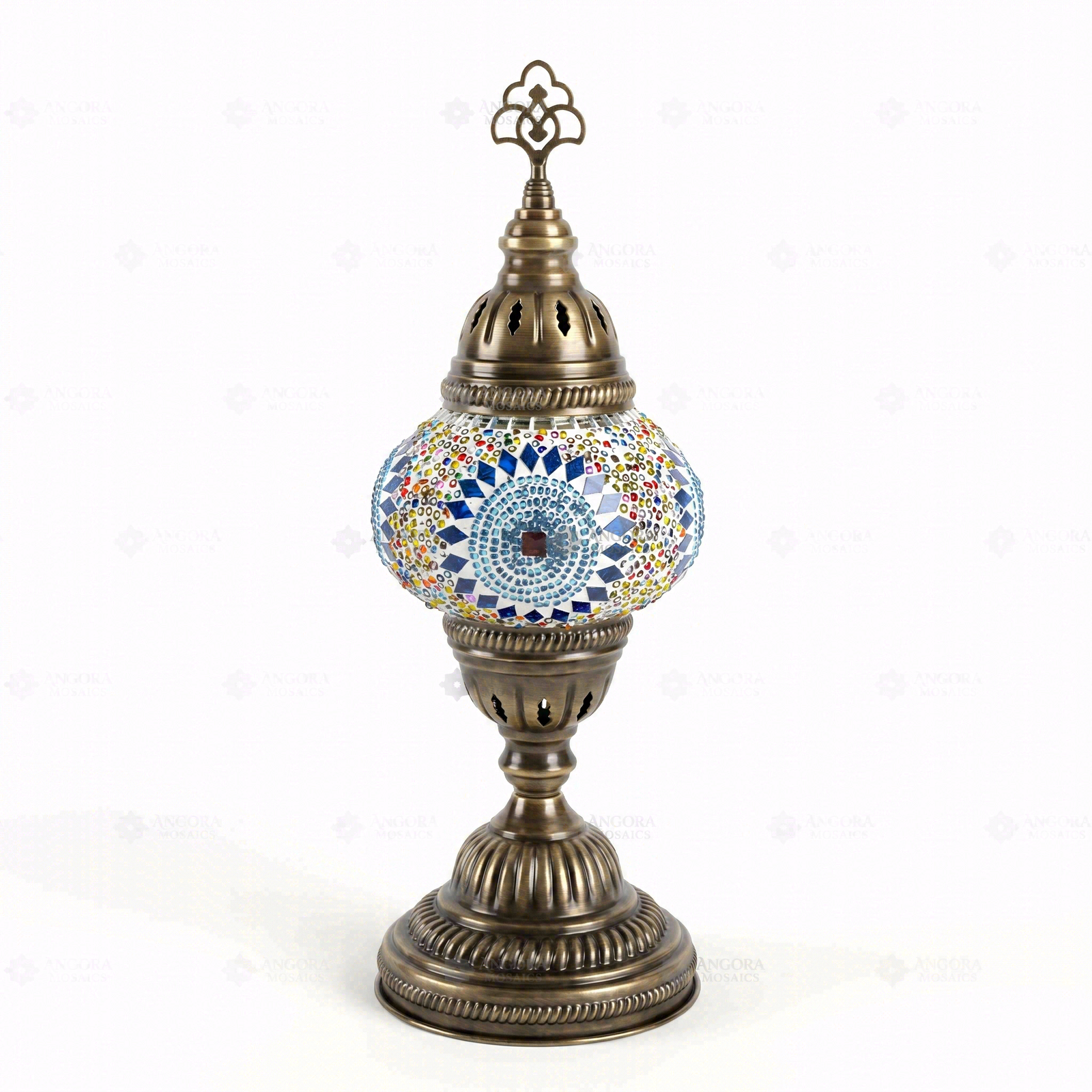 Full view of handmade Blue blue jewel Turkish mosaic table lamp on white background (ENV MUN2010)