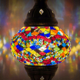 Lit close-up of mosaic glass globe — Multicolor table lamp glowing (ENV MUN2012)