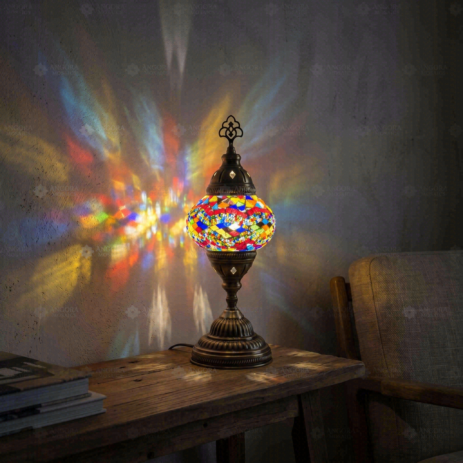 Multicolor multicolor jewel Turkish mosaic table lamp in styled room — handmade Moroccan table lamp (ENV MUN2012)