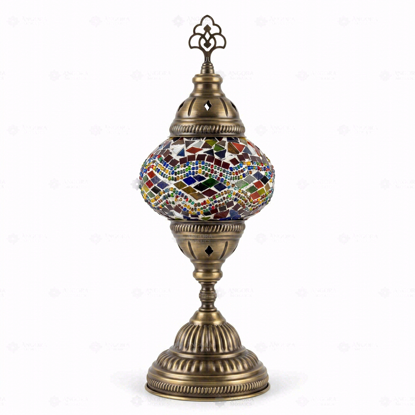 Full view of handmade Multicolor multicolor jewel Turkish mosaic table lamp on white background (ENV MUN2012)