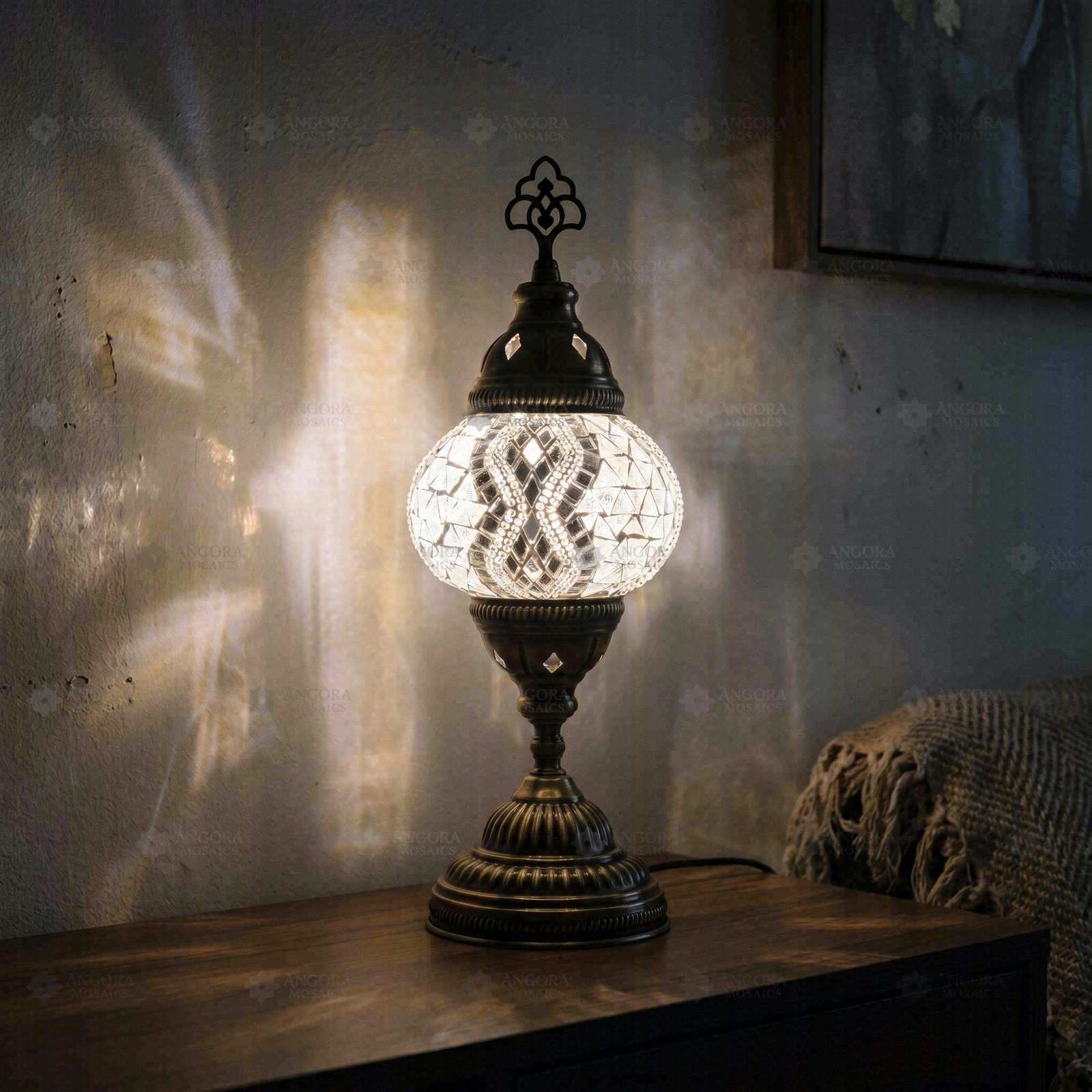 White white glow Turkish mosaic table lamp in styled room — handmade Moroccan table lamp (ENV MUN2017)