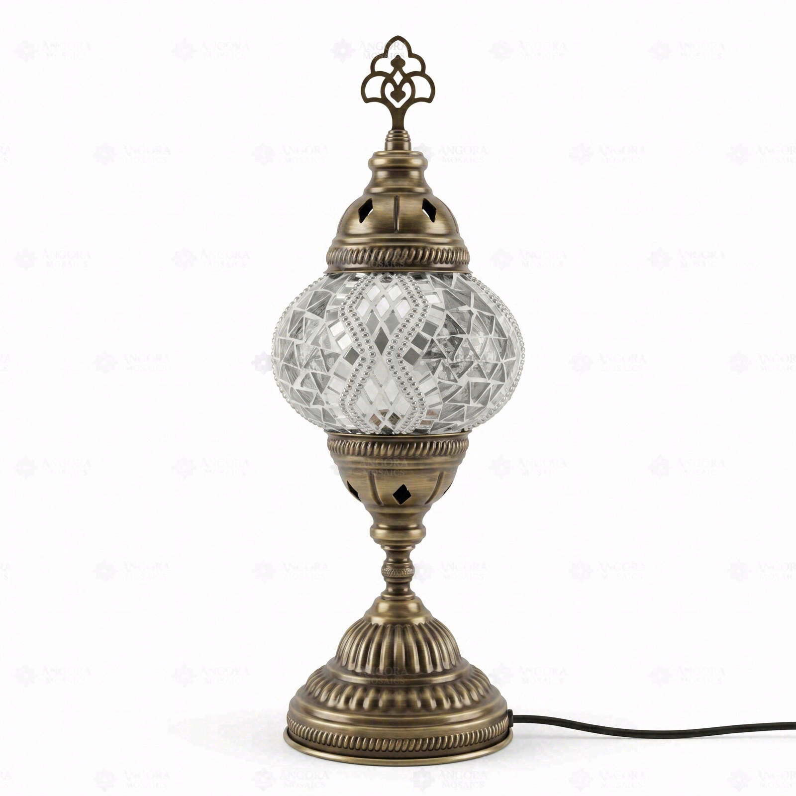 Full view of handmade White white glow Turkish mosaic table lamp on white background (ENV MUN2017)