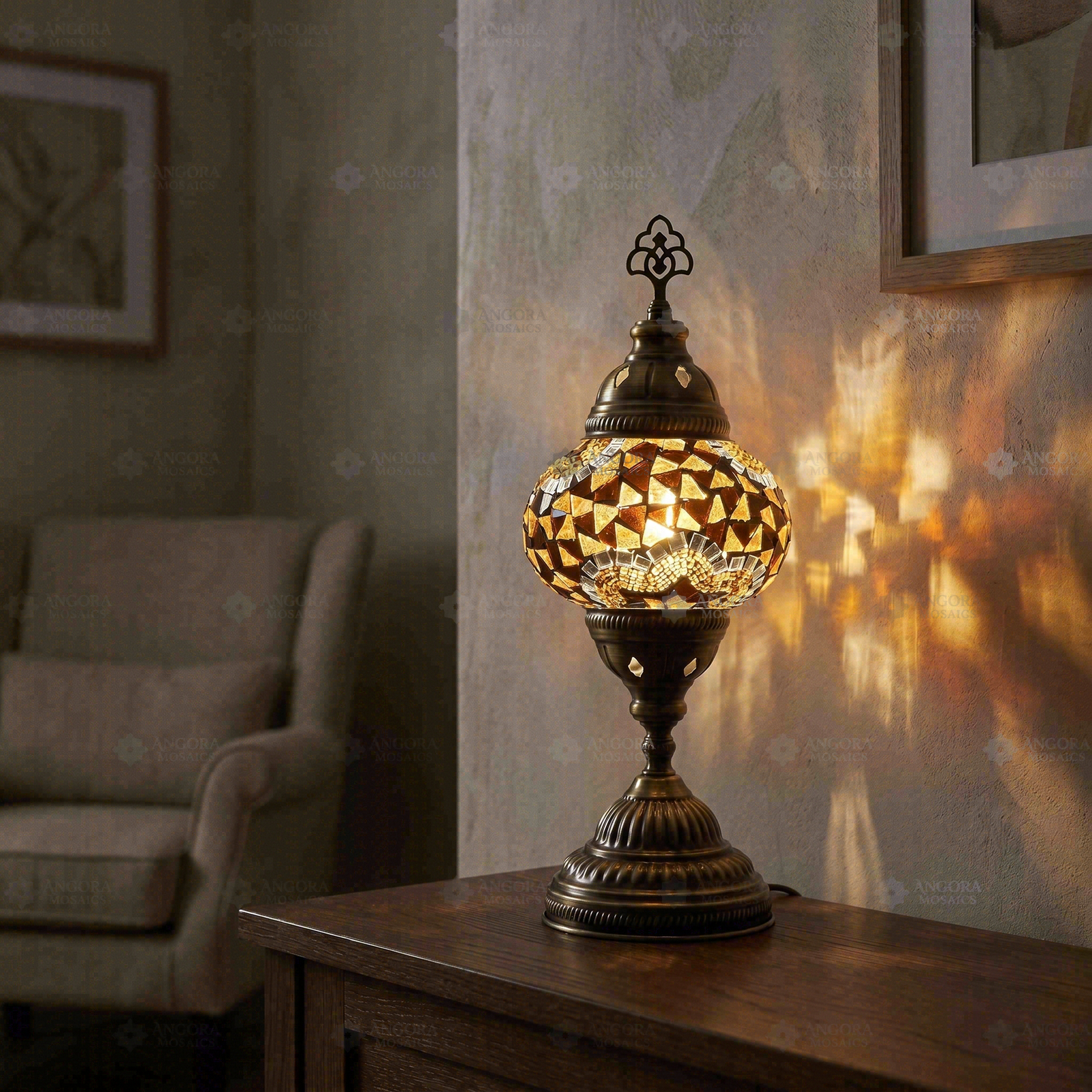 Amber warm amber Turkish mosaic table lamp in styled room — handmade Moroccan table lamp (ENV MUN2079)