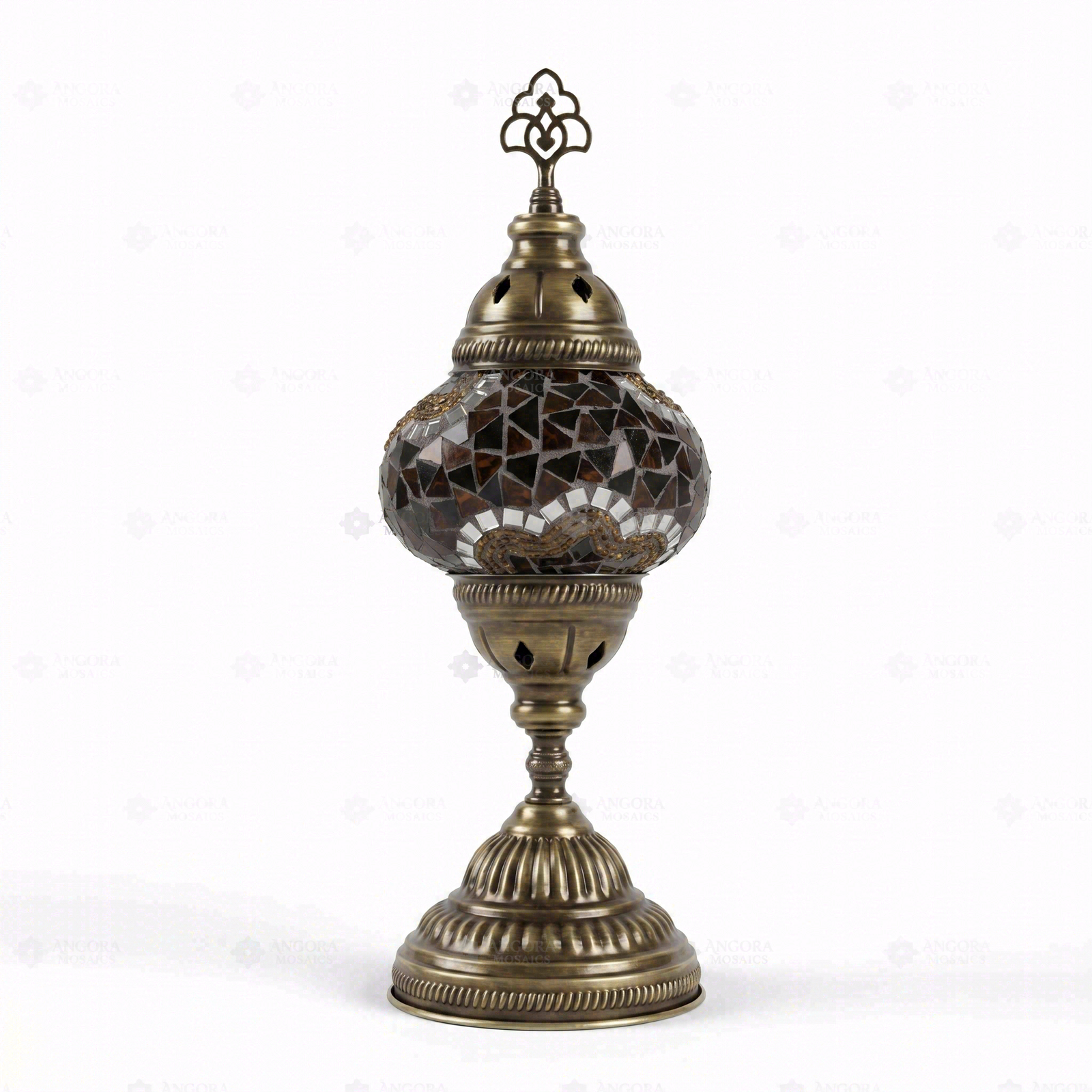 Full view of handmade Amber warm amber Turkish mosaic table lamp on white background (ENV MUN2079)