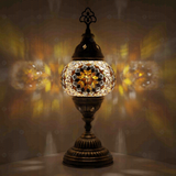 Amber Turkish mosaic table lamp illuminated, showing colorful light projection (ENV MUN2118)