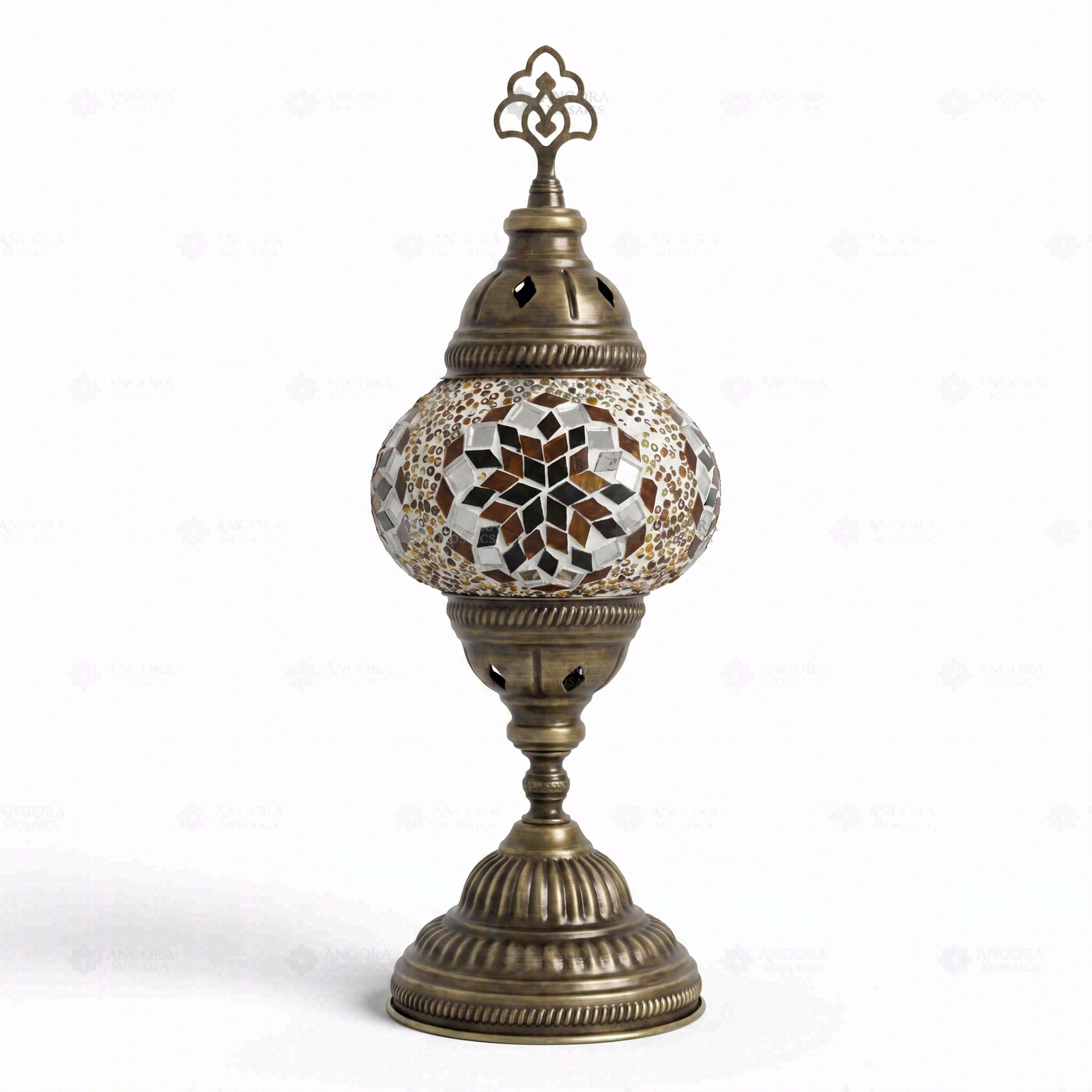 Full view of handmade Amber warm amber Turkish mosaic table lamp on white background (ENV MUN2118)