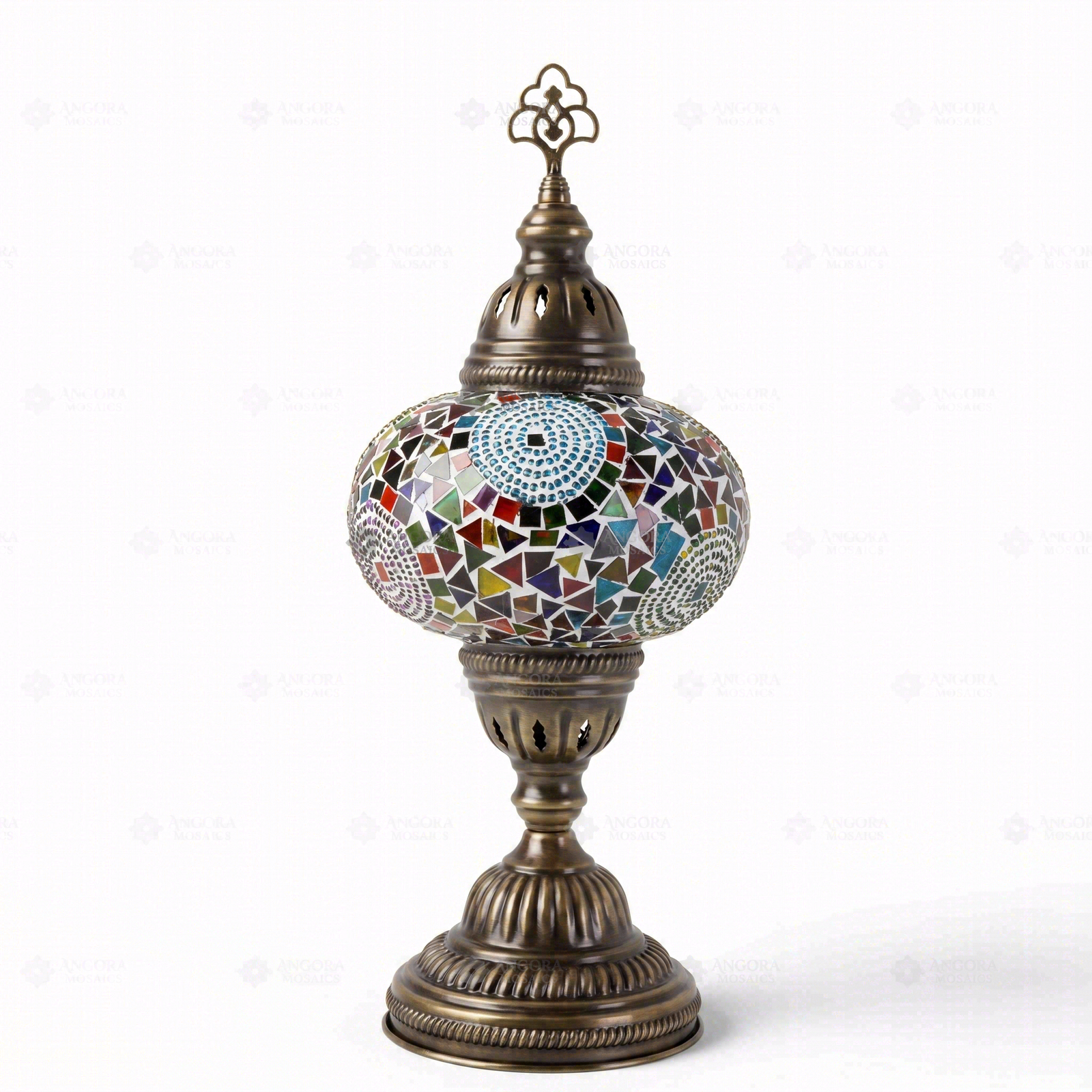 Full view of handmade Multicolor multicolor jewel Turkish mosaic table lamp on white background (ENV MUN3001)