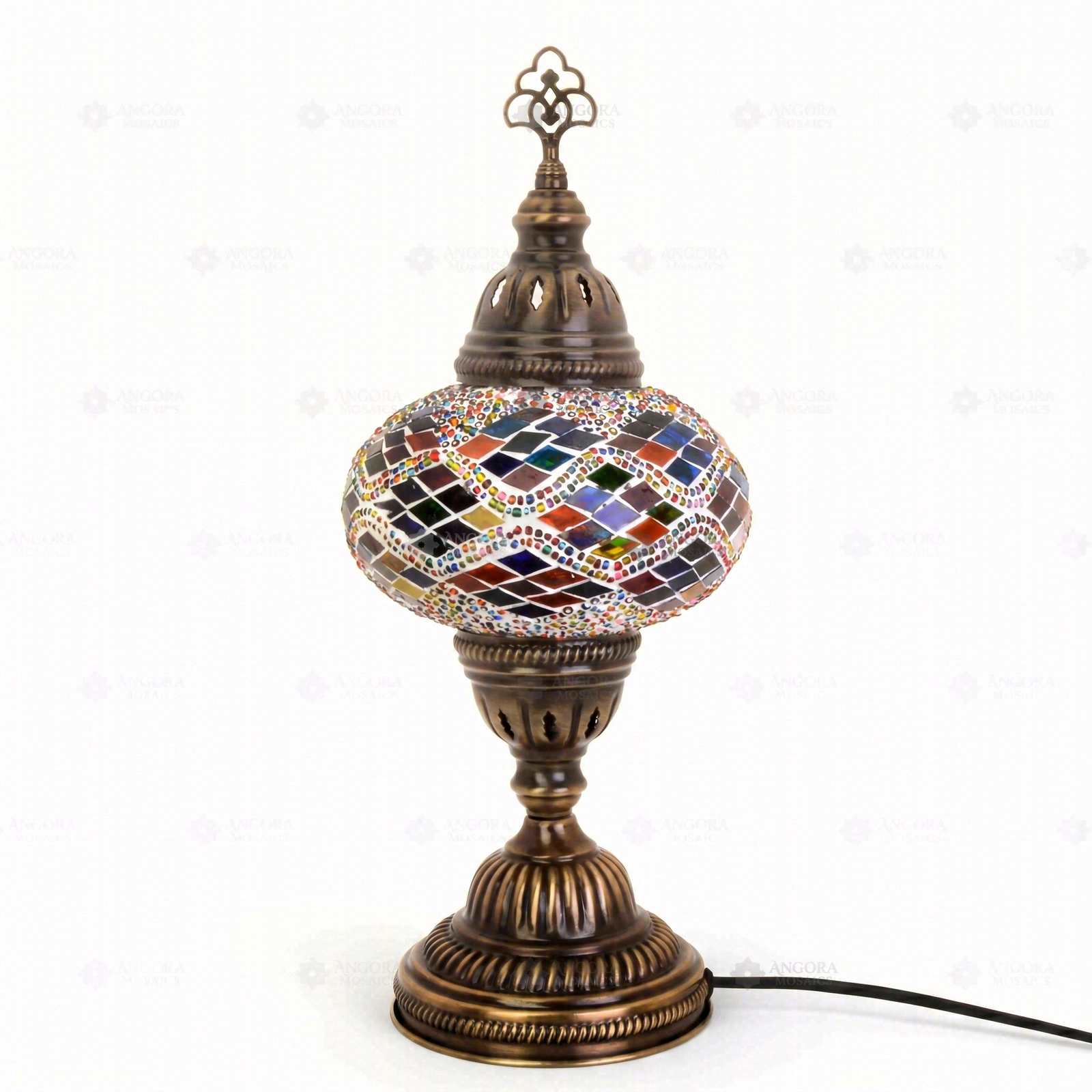 Full view of handmade Multicolor multicolor jewel Turkish mosaic table lamp on white background (ENV MUN3002)