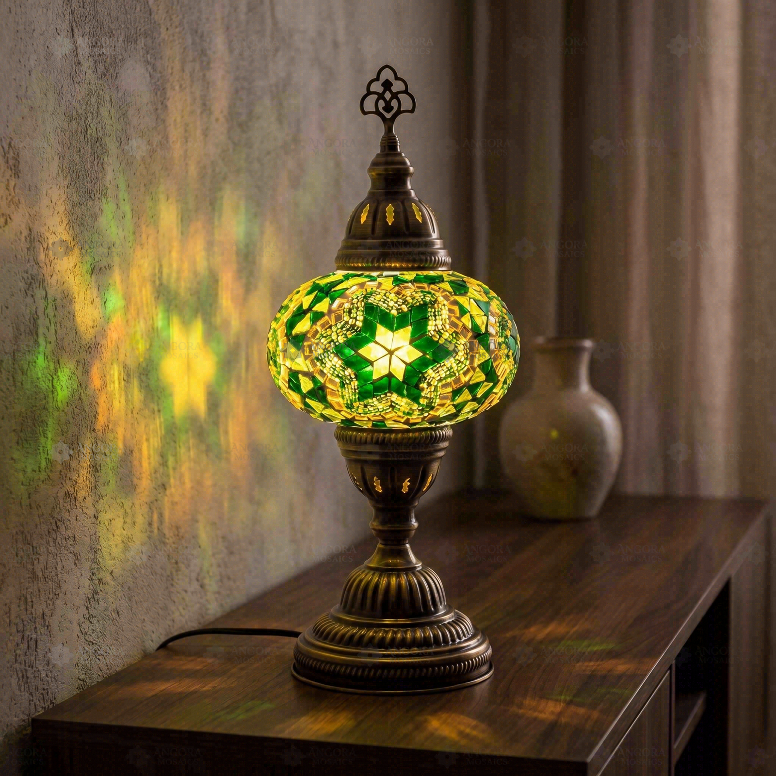 Green green jewel Turkish mosaic table lamp in styled room — handmade Moroccan table lamp (ENV MUN3003)