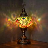 Multicolor Turkish mosaic table lamp illuminated, showing colorful light projection (ENV MUN3004)