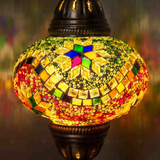 Lit close-up of mosaic glass globe — Multicolor table lamp glowing (ENV MUN3004)