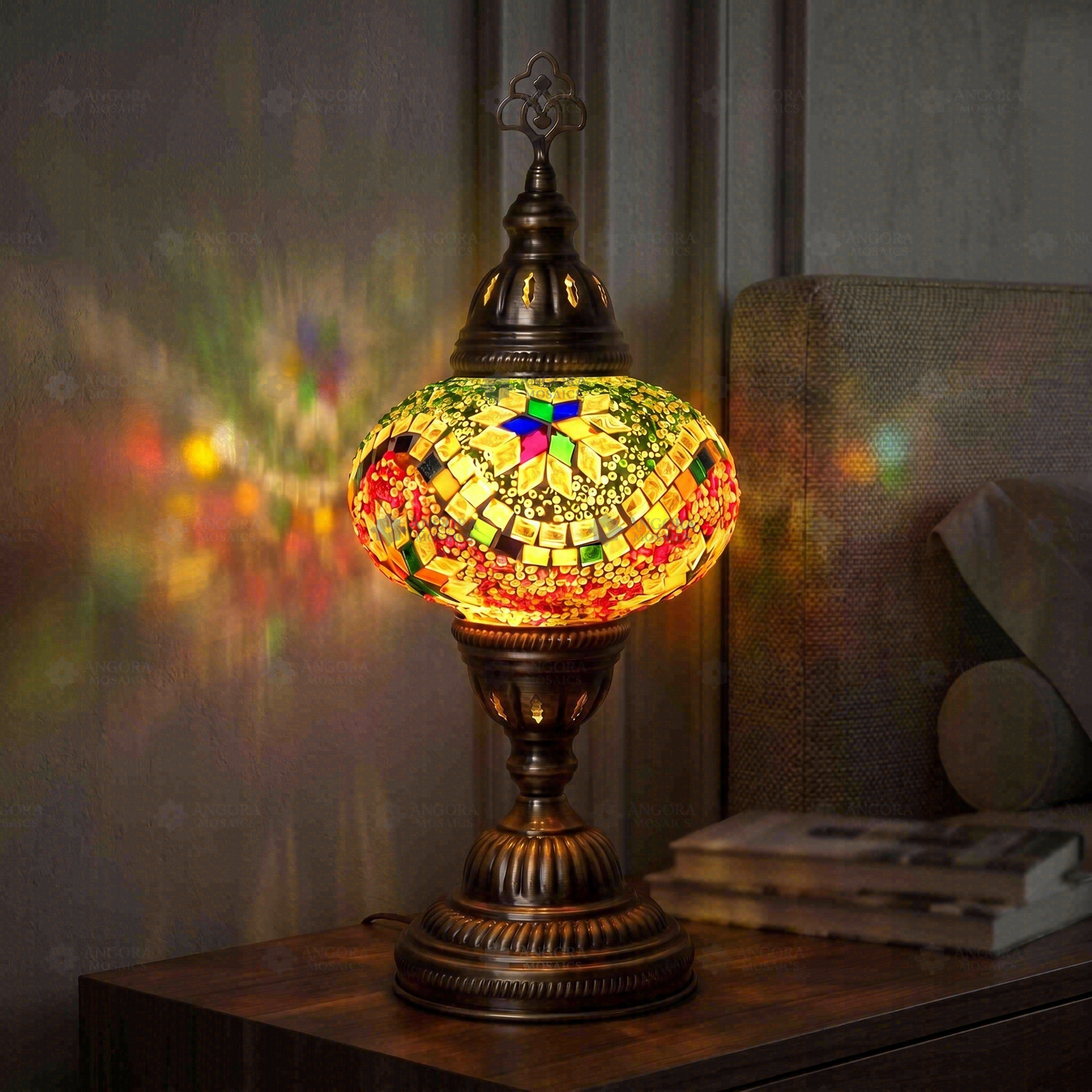 Multicolor multicolor jewel Turkish mosaic table lamp in styled room — handmade Moroccan table lamp (ENV MUN3004)