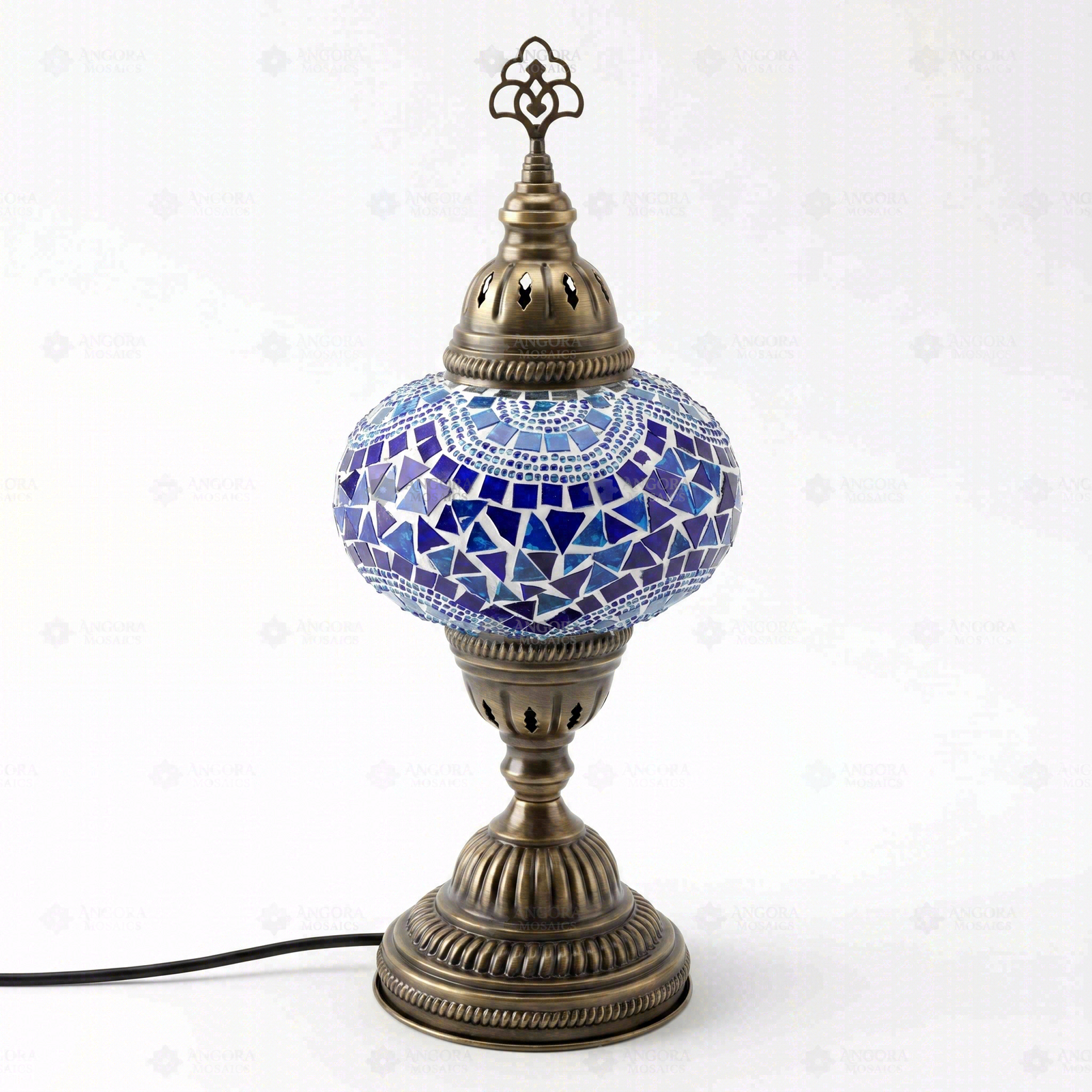 Full view of handmade Blue blue jewel Turkish mosaic table lamp on white background (ENV MUN3005)
