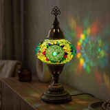 Green green jewel Turkish mosaic table lamp in styled room — handmade Moroccan table lamp (ENV MUN3006)