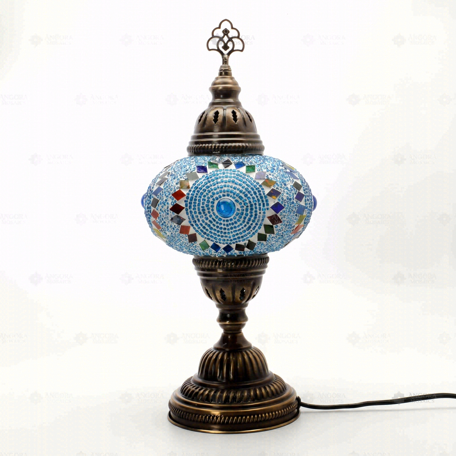 Full view of handmade Green green jewel Turkish mosaic table lamp on white background (ENV MUN3006)
