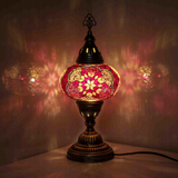 Pink Turkish mosaic table lamp illuminated, showing colorful light projection (ENV MUN3008)