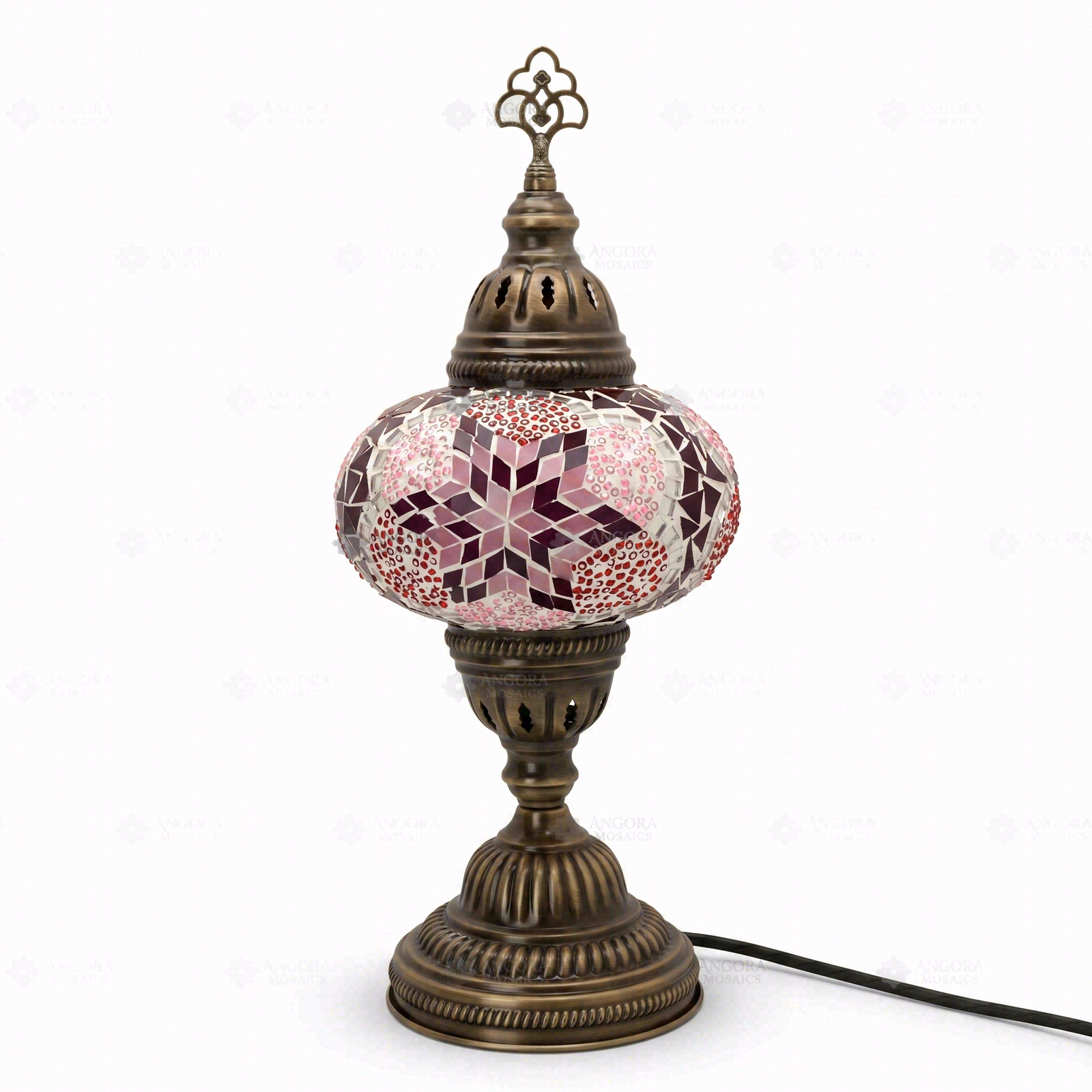 Full view of handmade Pink pink rose Turkish mosaic table lamp on white background (ENV MUN3008)