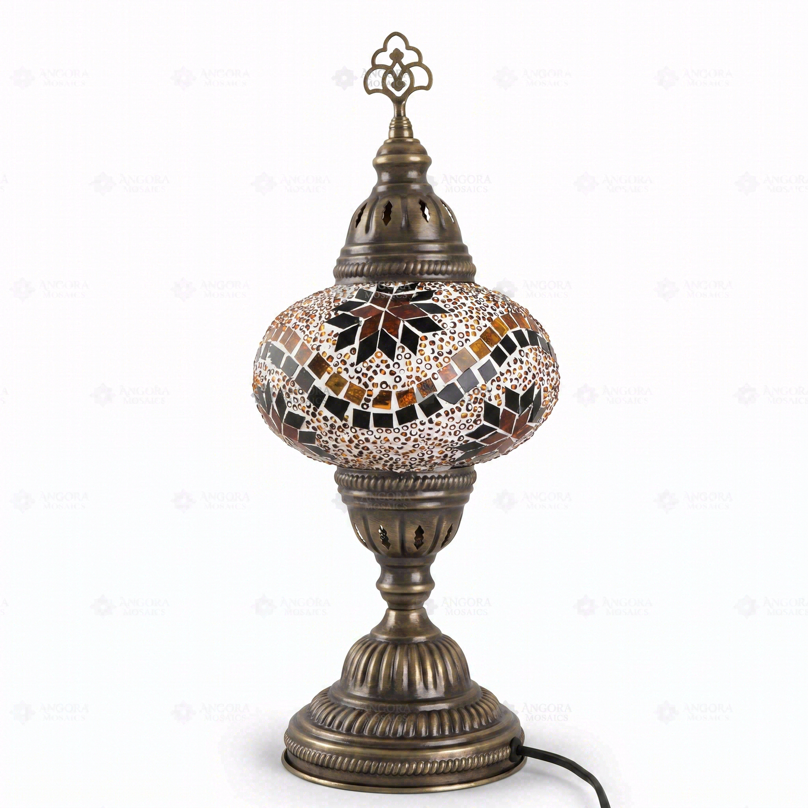 Full view of handmade Amber warm amber Turkish mosaic table lamp on white background (ENV MUN3009)