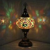 Multicolor Turkish mosaic table lamp illuminated, showing colorful light projection (ENV MUN3010)