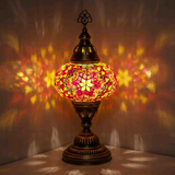 Red Turkish mosaic table lamp illuminated, showing colorful light projection (ENV MUN3011)