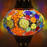 Lit close-up of mosaic glass globe — Multicolor table lamp glowing (ENV MUN3012)