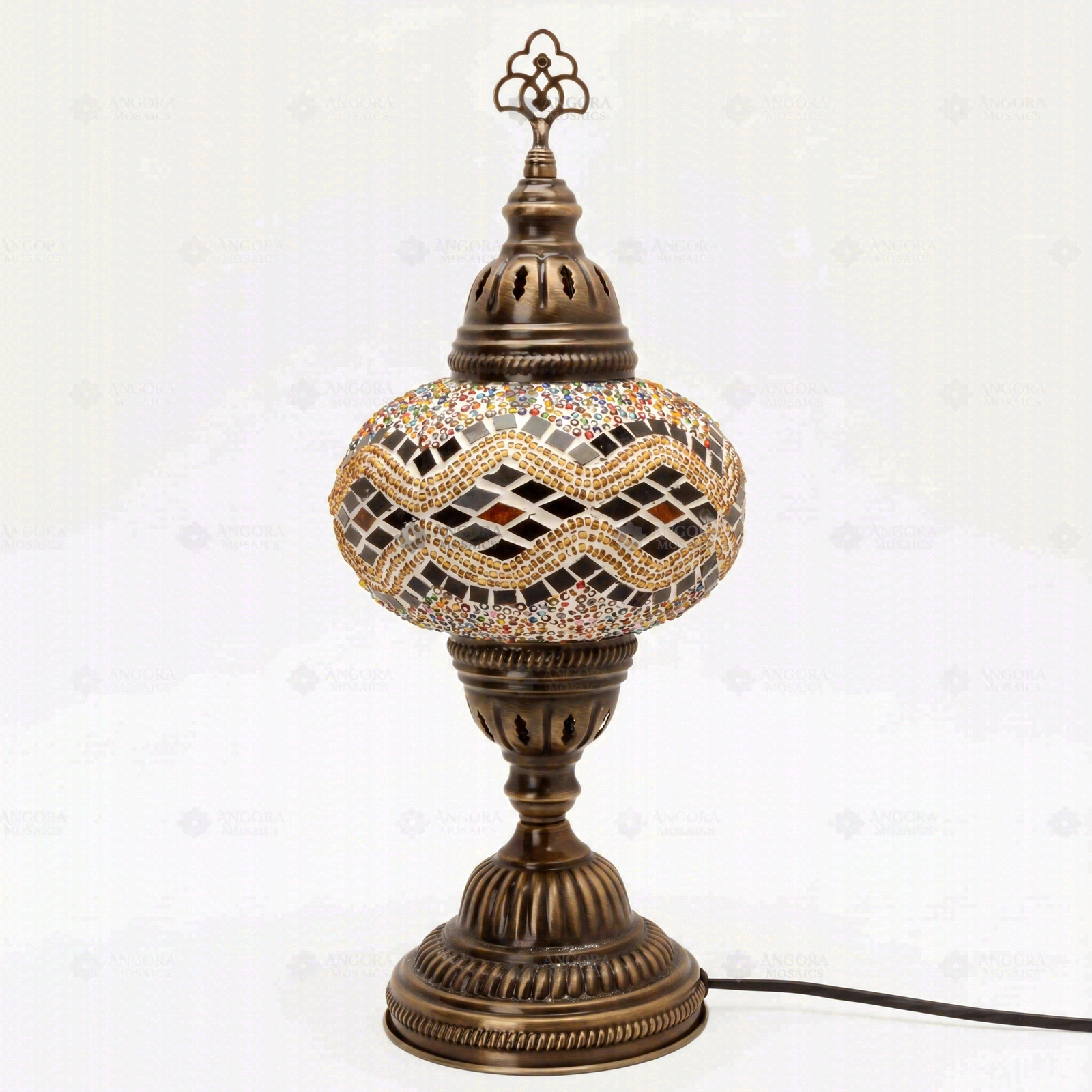 Full view of handmade Warm Tones mixed warm Turkish mosaic table lamp on white background (ENV MUN3013)