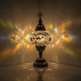 Multicolor Turkish mosaic table lamp illuminated, showing colorful light projection (ENV MUN3014)