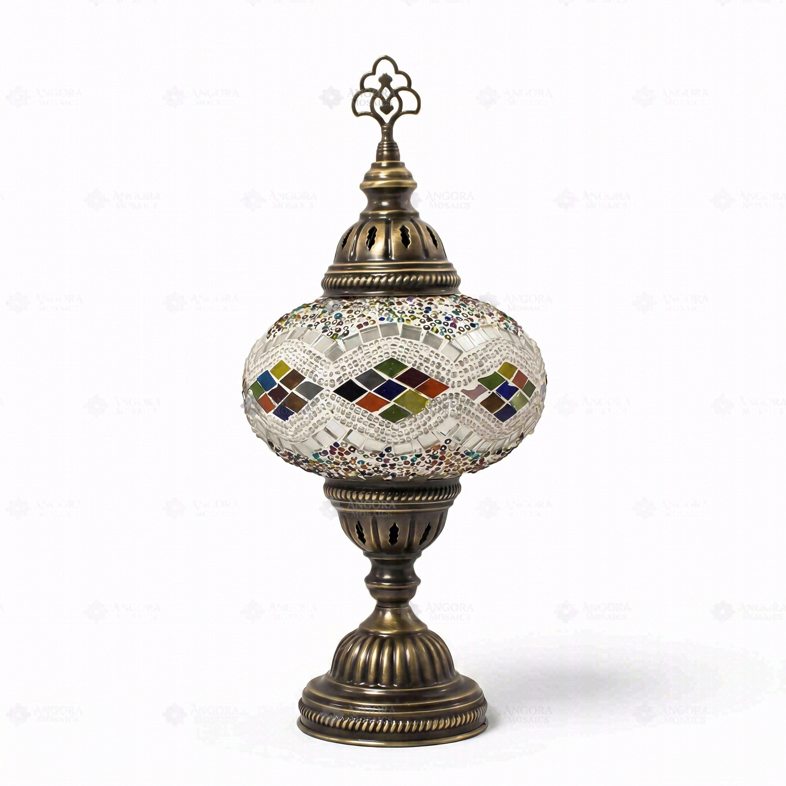 Full view of handmade Multicolor multicolor jewel Turkish mosaic table lamp on white background (ENV MUN3014)