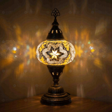 White Turkish mosaic table lamp illuminated, showing colorful light projection (ENV MUN3015)