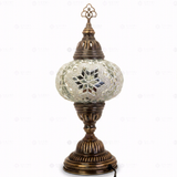 Full view of handmade White white glow Turkish mosaic table lamp on white background (ENV MUN3015)