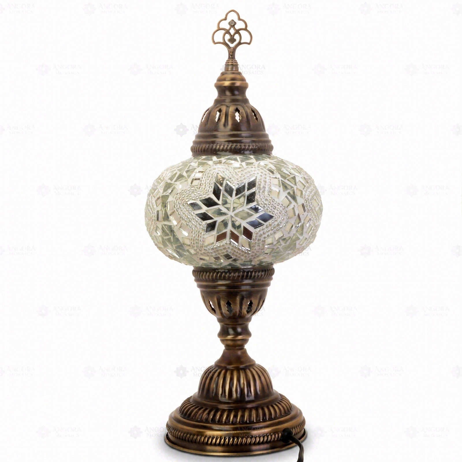 Full view of handmade White white glow Turkish mosaic table lamp on white background (ENV MUN3015)