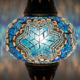 Lit close-up of mosaic glass globe — Blue table lamp glowing (ENV MUN3016)