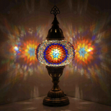 Multicolor Turkish mosaic table lamp illuminated, showing colorful light projection (ENV MUN3018)