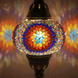 Lit close-up of mosaic glass globe — Multicolor table lamp glowing (ENV MUN3018)