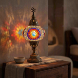 Multicolor multicolor jewel Turkish mosaic table lamp in styled room — handmade Moroccan table lamp (ENV MUN3018)