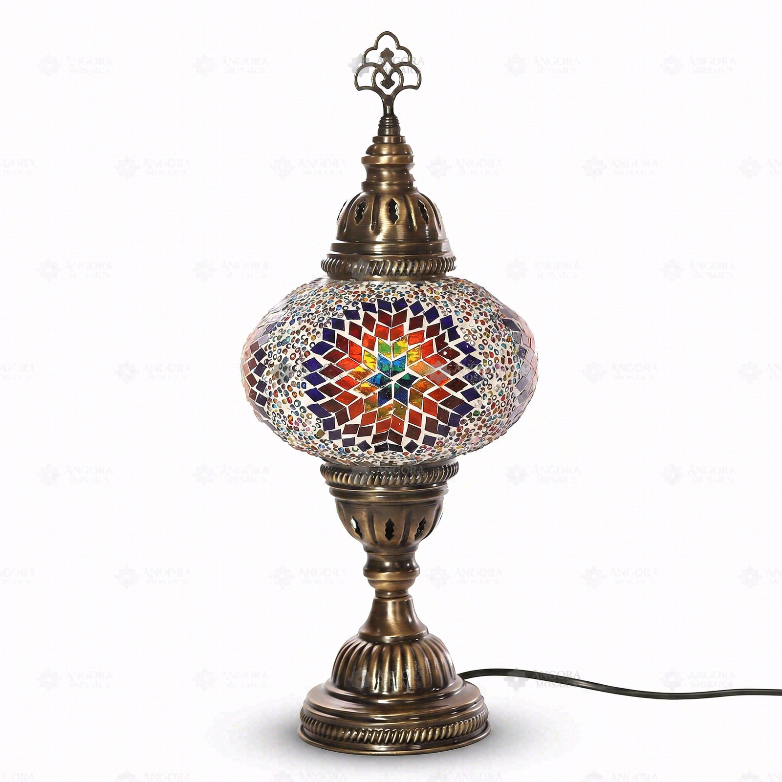Full view of handmade Multicolor multicolor jewel Turkish mosaic table lamp on white background (ENV MUN3018)