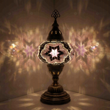 Purple Turkish mosaic table lamp illuminated, showing colorful light projection (ENV MUN3019)