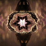 Lit close-up of mosaic glass globe — Purple table lamp glowing (ENV MUN3019)