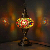 Multicolor Turkish mosaic table lamp illuminated, showing colorful light projection (ENV MUN3021)