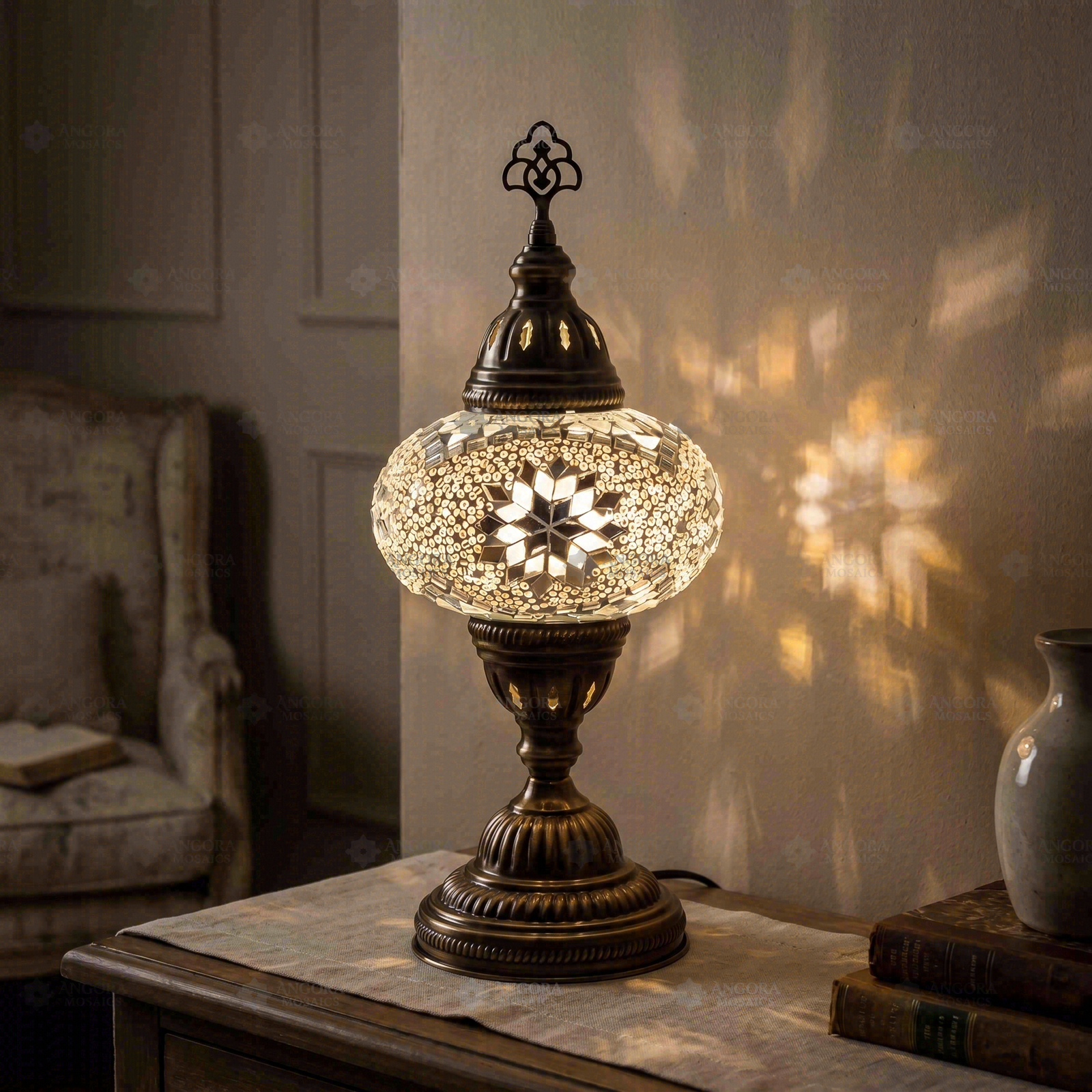 White white glow Turkish mosaic table lamp in styled room — handmade Moroccan table lamp (ENV MUN3022)